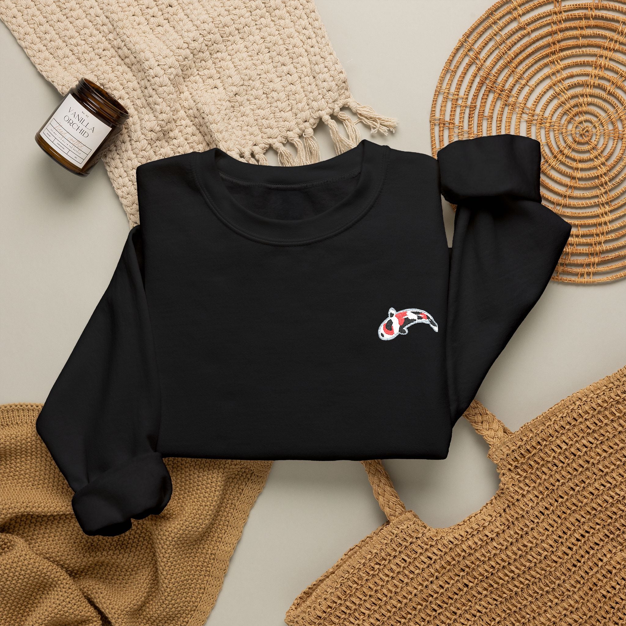 Crewneck Sweatshirt — Embroidered Japanese Koi Fish Design