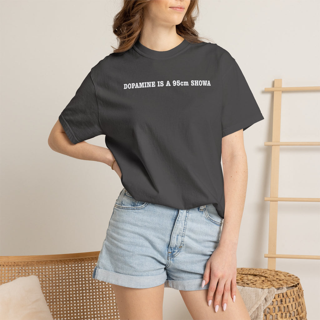 "DOPAMINE IS A 95cm SHOWA" Garment-Dyed T-Shirt — Vintage Maroon Casual Tee