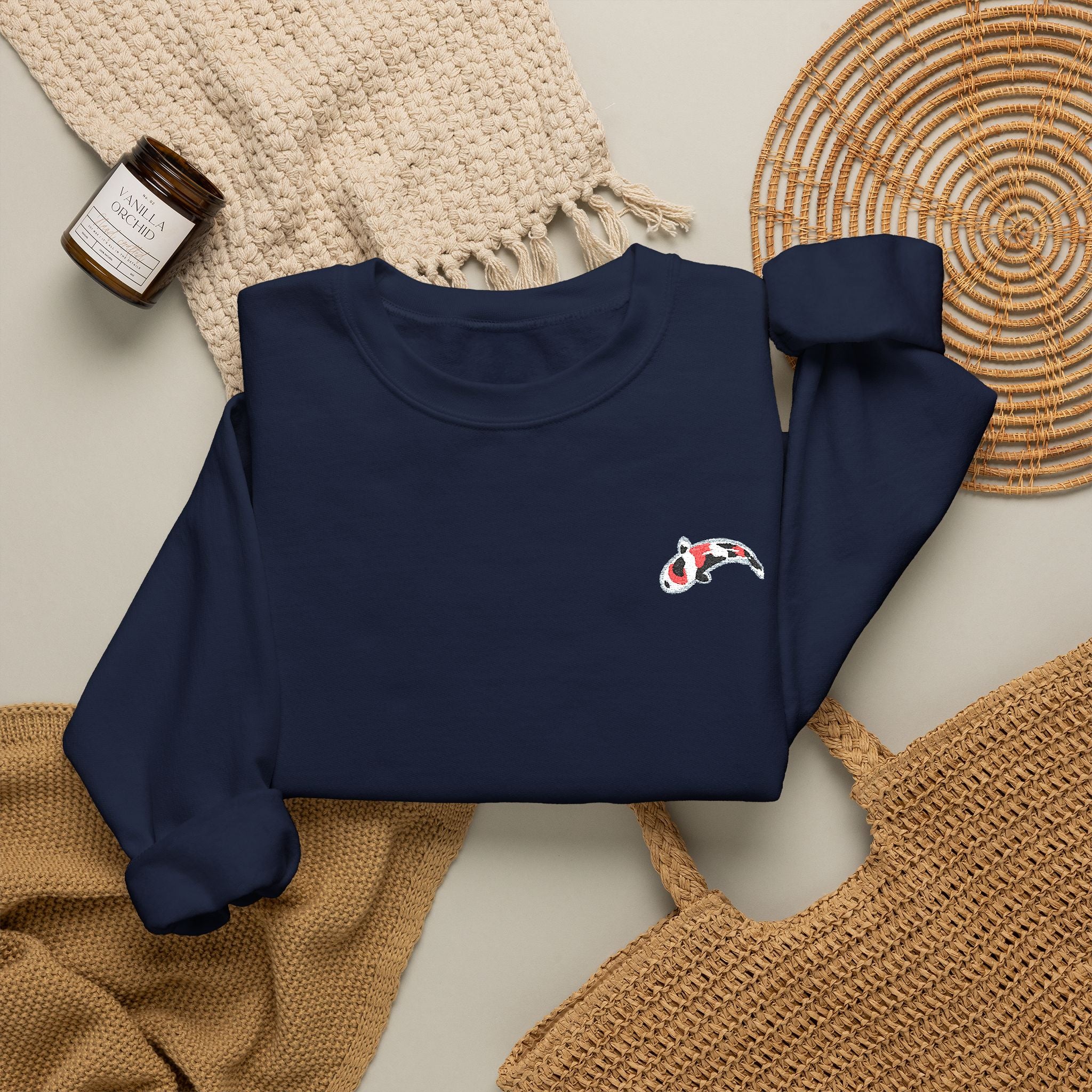 Crewneck Sweatshirt — Embroidered Japanese Koi Fish Design