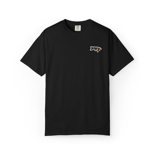 Black T-Shirt with Embroidered Minimalist Japanese Koi Fish Logo — Outdoor Fishing Graphic Tee