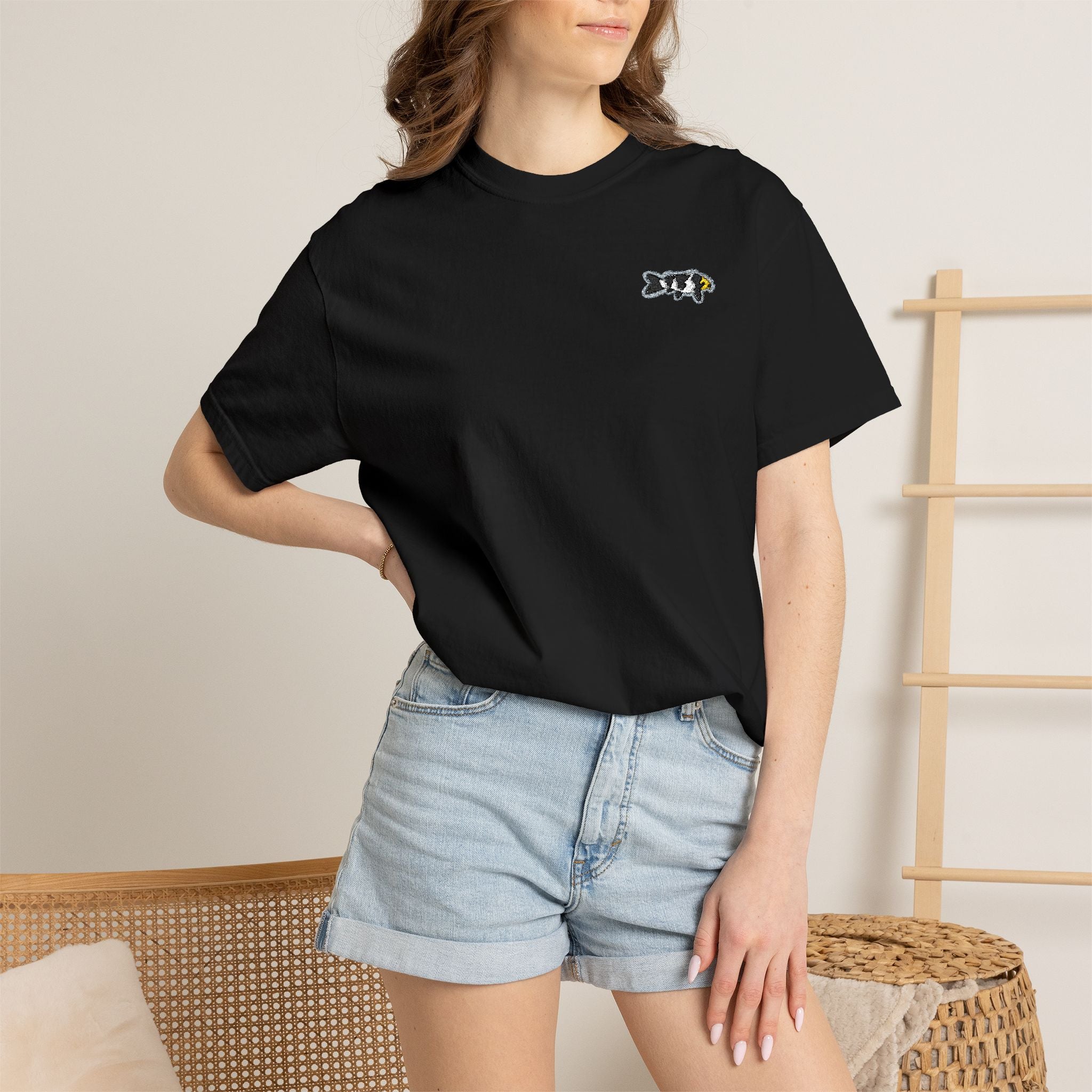 Black Embroidered T-Shirt — Small Chest Logo Japanese Koi Fish Design