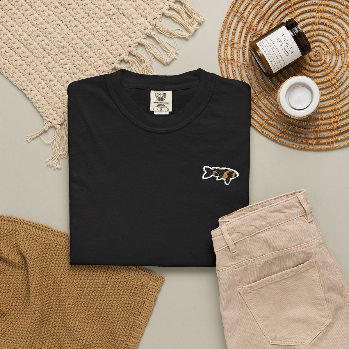Black T-Shirt with Embroidered Minimalist Japanese Koi Fish Logo — Outdoor Fishing Graphic Tee
