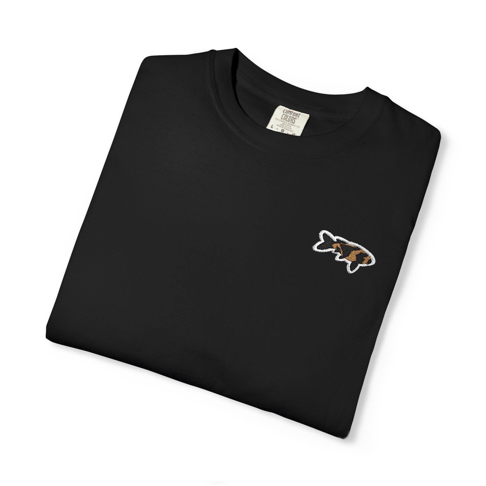 Black T-Shirt with Embroidered Minimalist Japanese Koi Fish Logo — Outdoor Fishing Graphic Tee