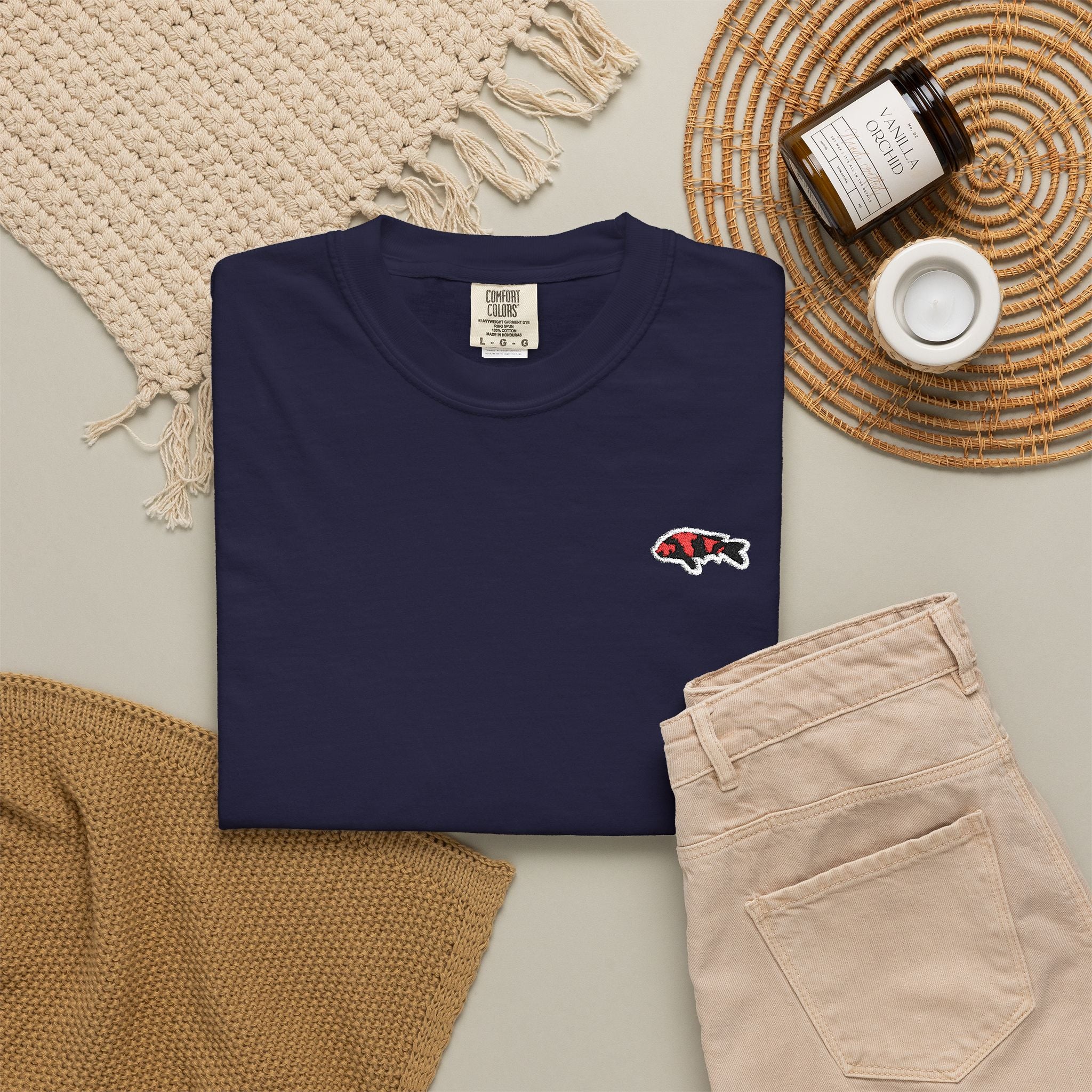 Navy Koi Fish Chest Tee - Japanese Carp Graphic T-Shirt