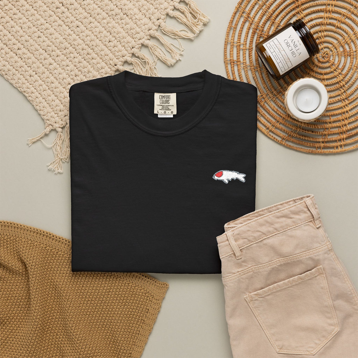 Black Shirt  with Embroidered Tancho Koi Fish.