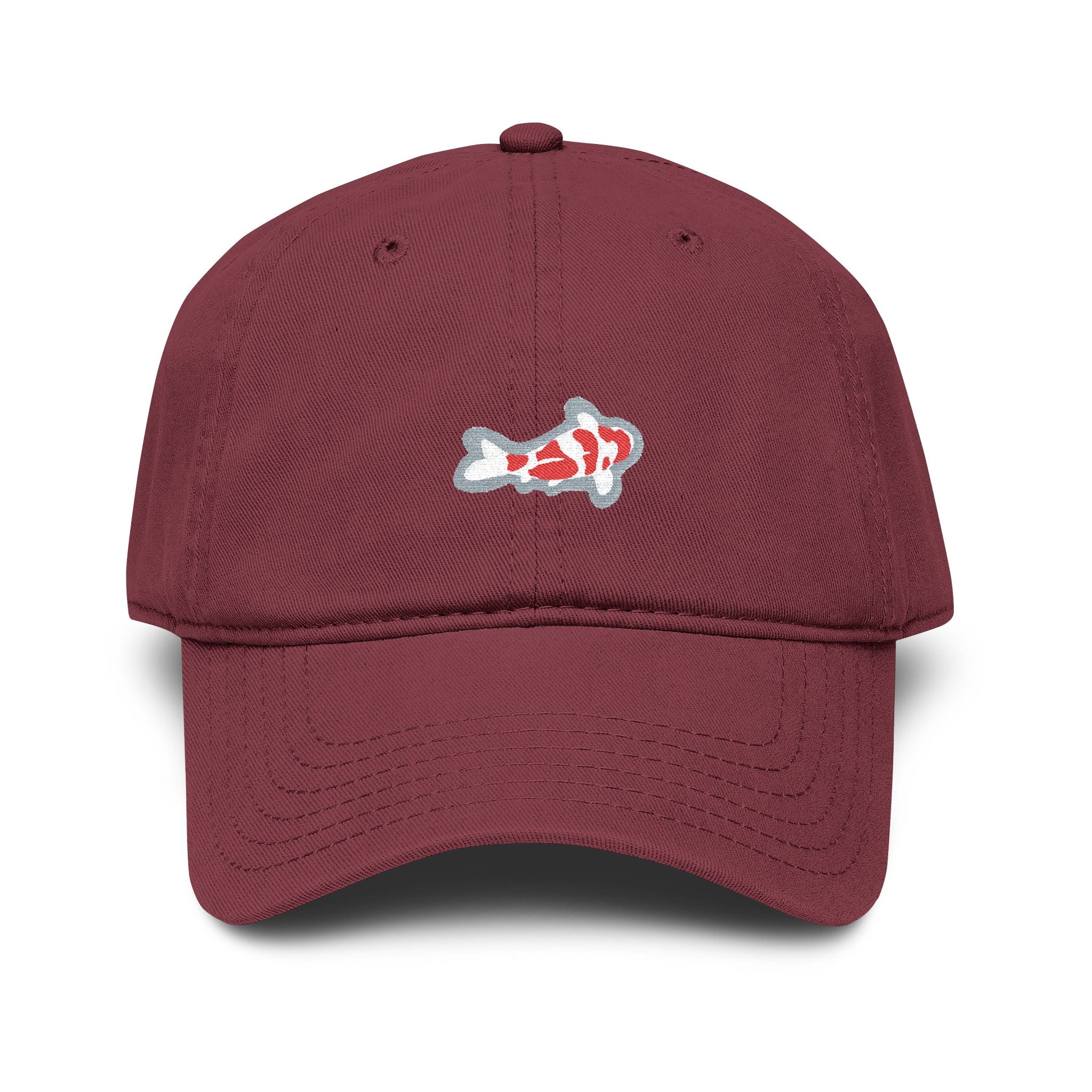 Koi Fish Embroidered Baseball Cap — Washed Maroon Casual Hat