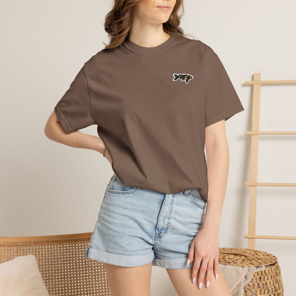 Brown Garment-Dyed T‑Shirt with Tiny Logo Japanese Koi Fish — Casual Outdoor Tee