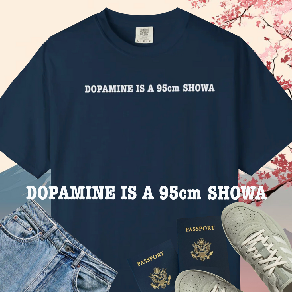 "DOPAMINE IS A 95cm SHOWA" Garment-Dyed T-Shirt — Vintage Maroon Casual Tee
