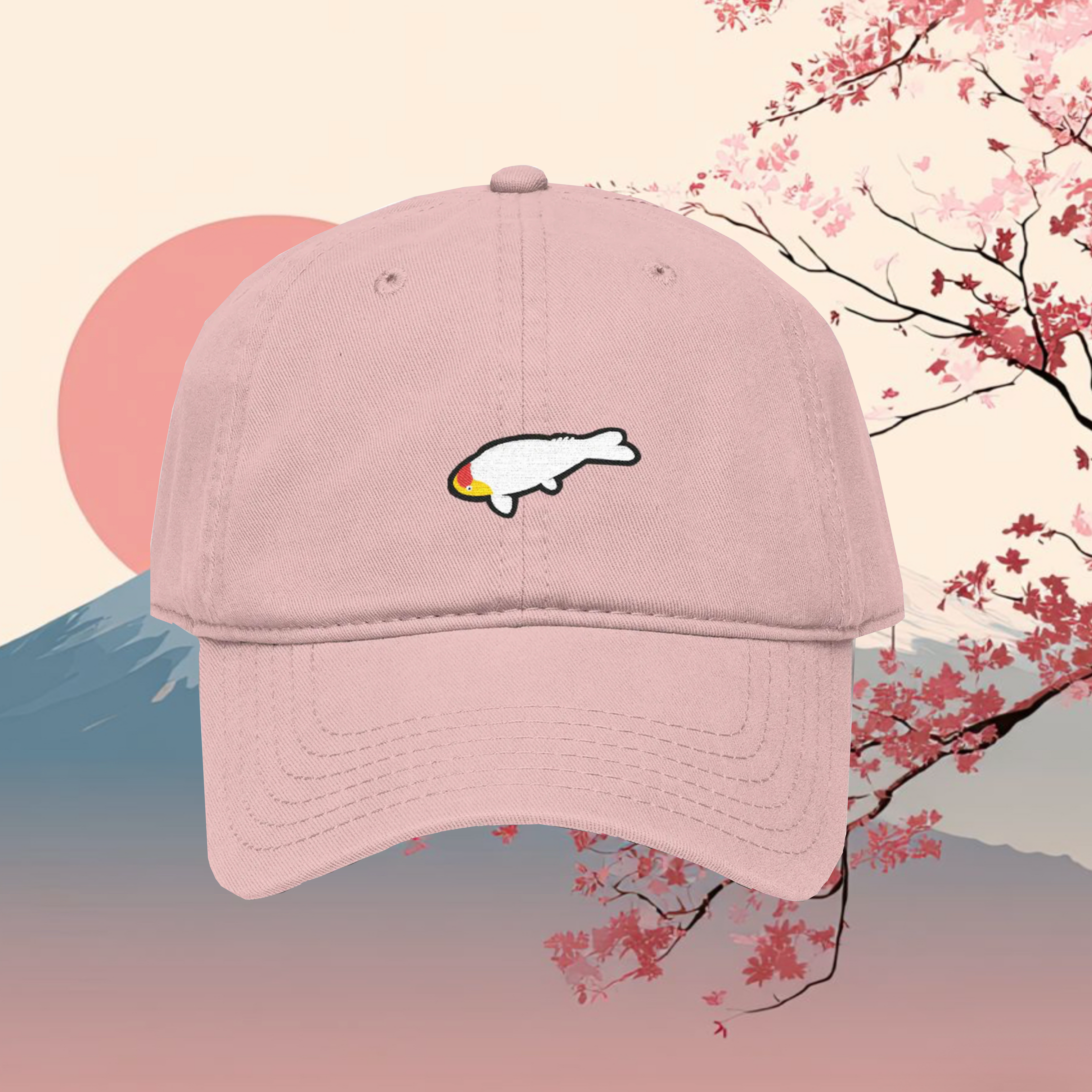 Washed Pink Baseball Cap with Cute Tancho Koi Fish Patch