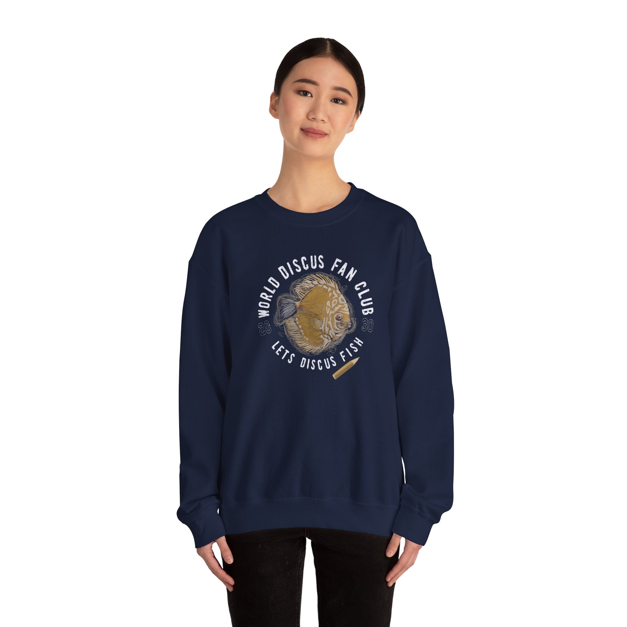 Discus Fish Fan Club Sweatshirt — "World Discus Fan Club, Let's Discus Fish" Graphic Crewneck