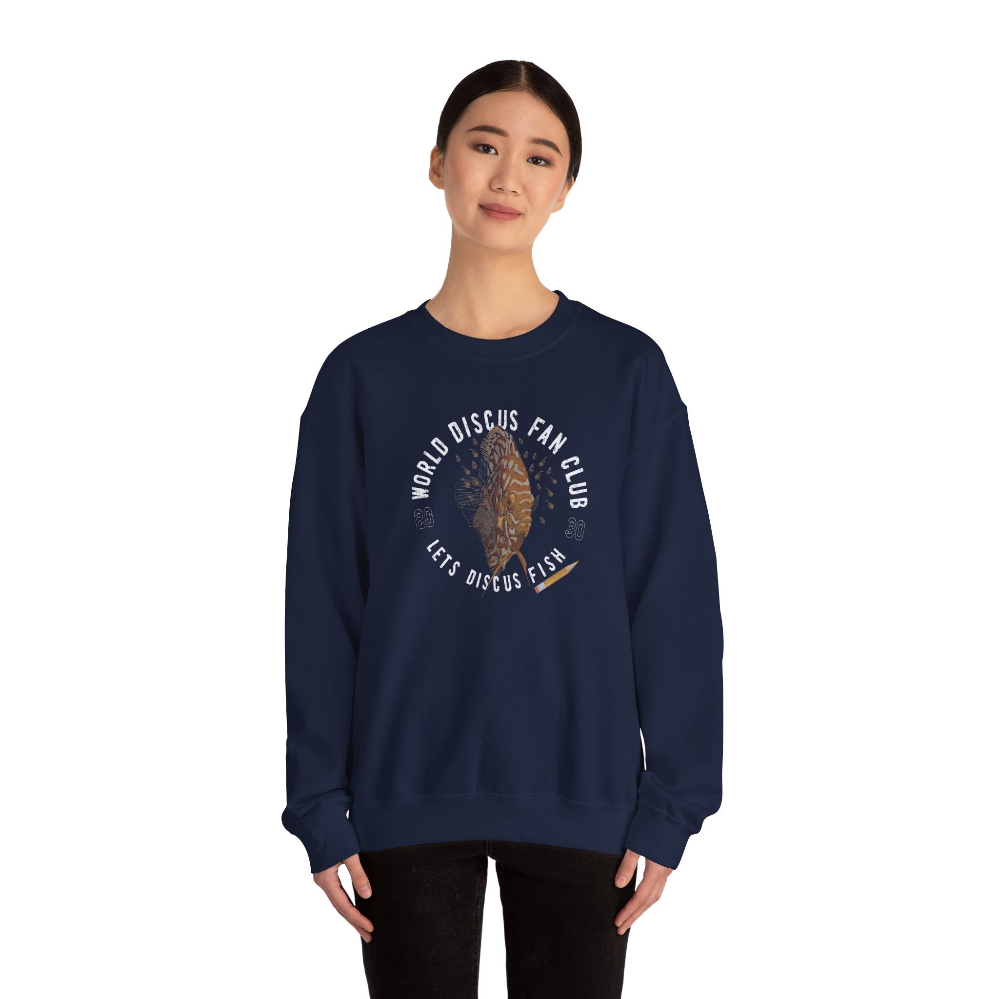 Discus Fish Crewneck Sweatshirt — "World Discus Fan Club: Let's Discus Fish"