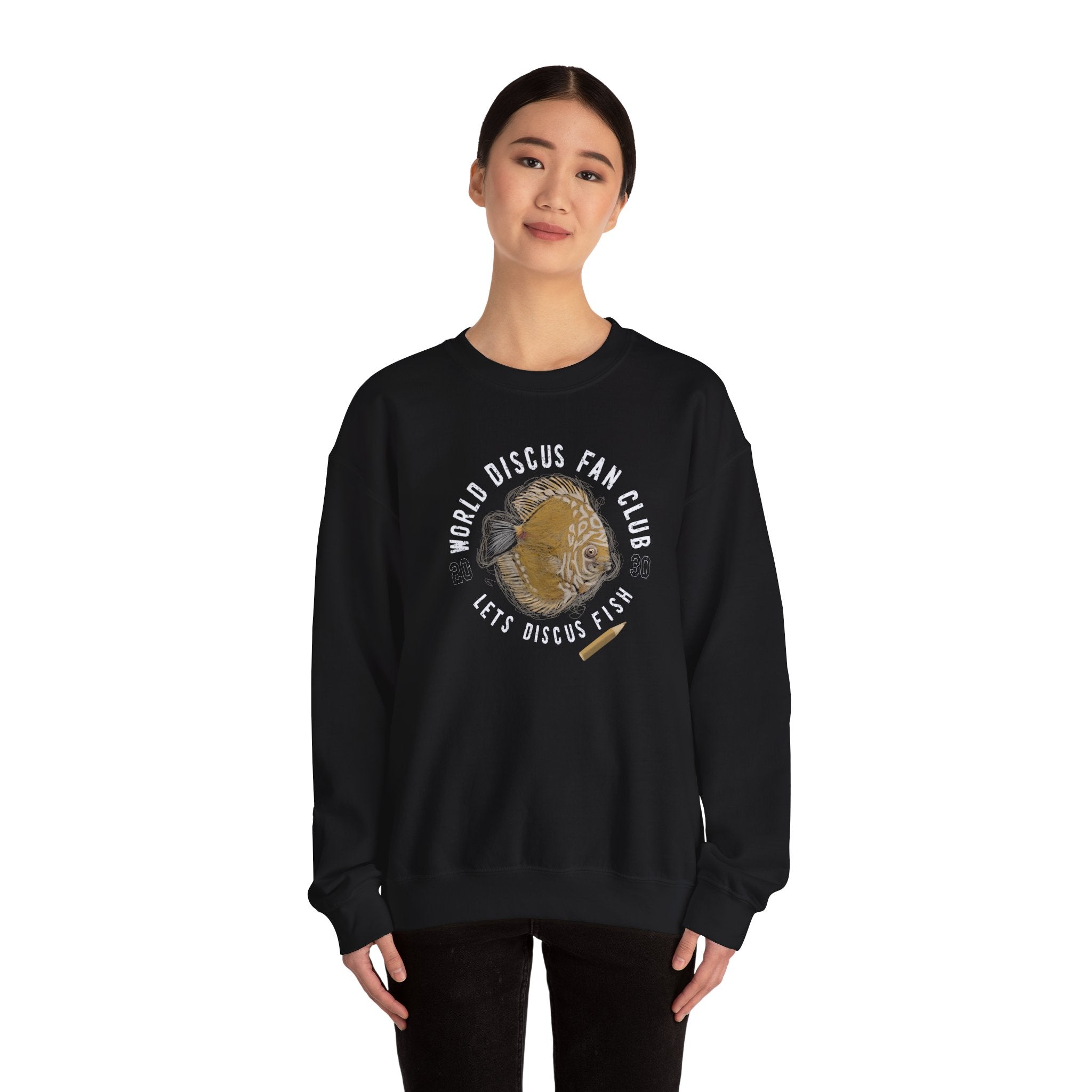 Discus Fish Fan Club Sweatshirt — "World Discus Fan Club, Let's Discus Fish" Graphic Crewneck