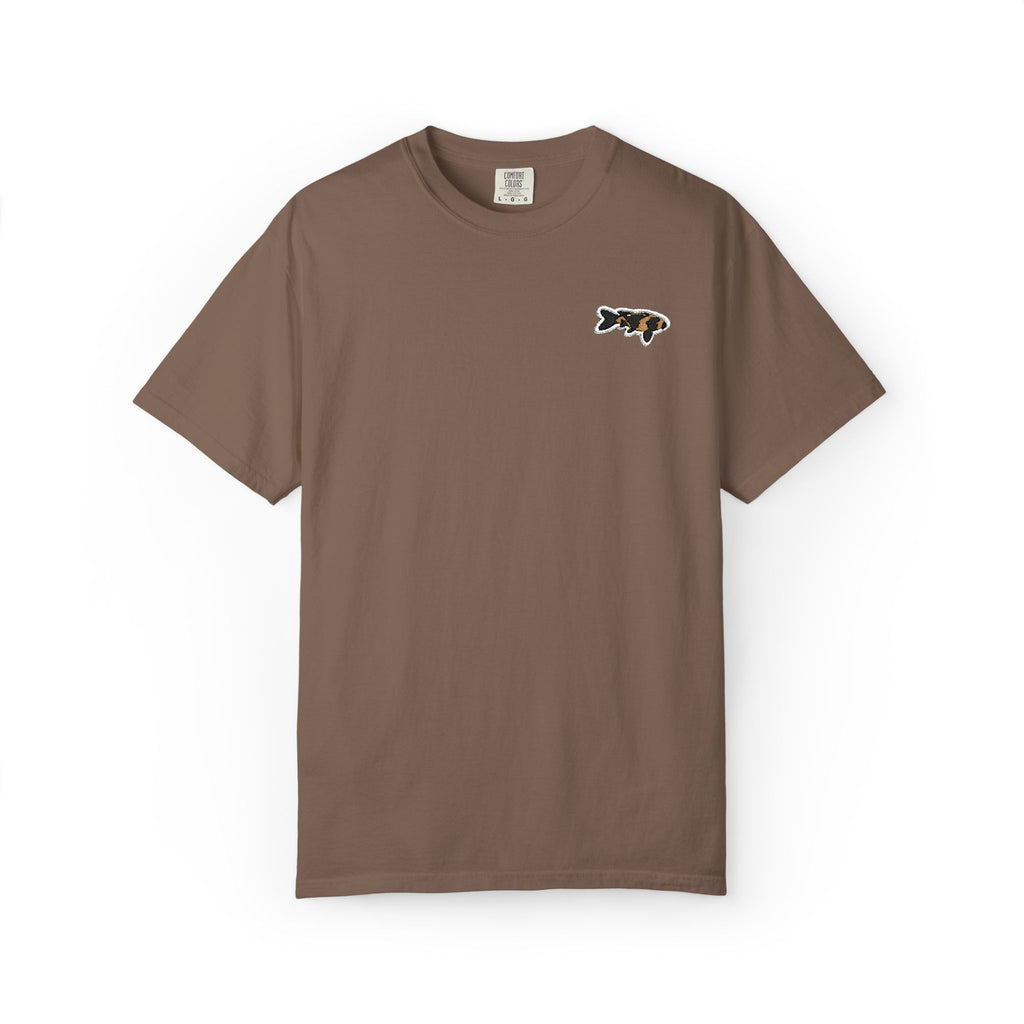 Brown Garment-Dyed T‑Shirt with Tiny Logo Japanese Koi Fish — Casual Outdoor Tee